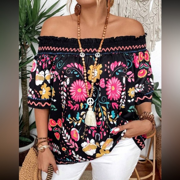 Plus size boho floral print off shoulder  blouse - Picture 4 of 6